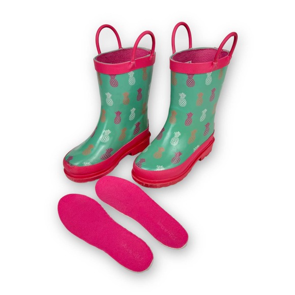 Lily & Dan Toddler Girls Rubber Rain Boots Size 7 Green Pink Pineapple Pull On - Picture 6 of 13